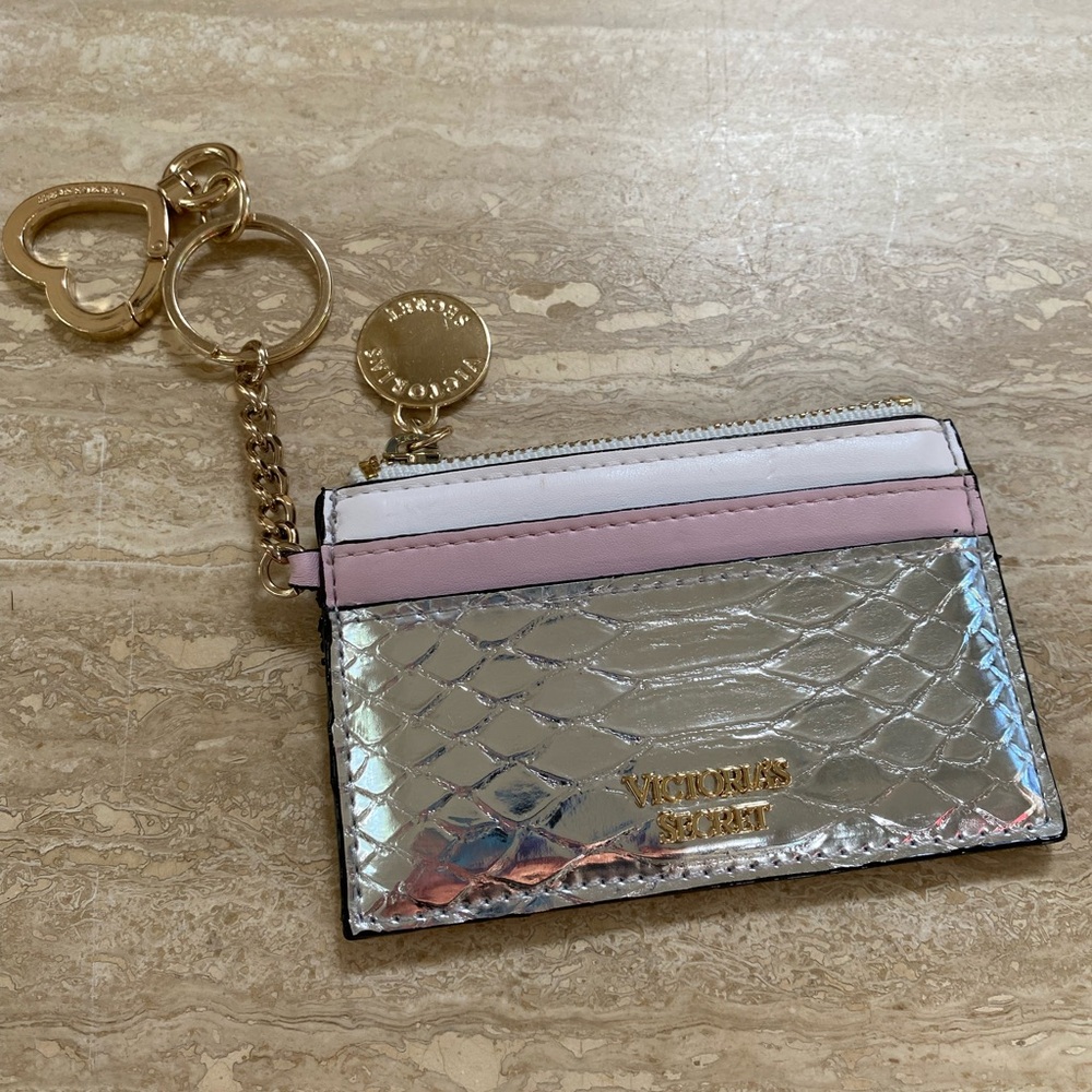 VICTORIA SECRET WALET CREDIT CARD MINI SKINNY ID CASE PINK SILVER KEYCHAIN